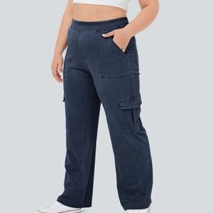 HALARA Women's Denim Wide Leg Cargo Jeans - Dark Blue